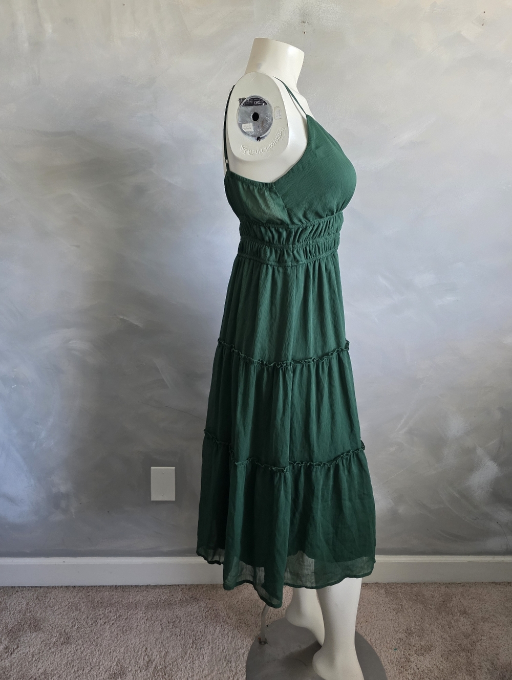 Women's Sleeveless Deep Green V Neck Dress Ruffle Tiered Midi Sz L Babydoll - Picture 4 of 9